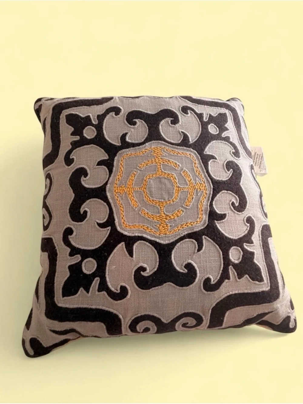 Decorative Brown and Tan Embroidered Accent Pillow with Gold Detail